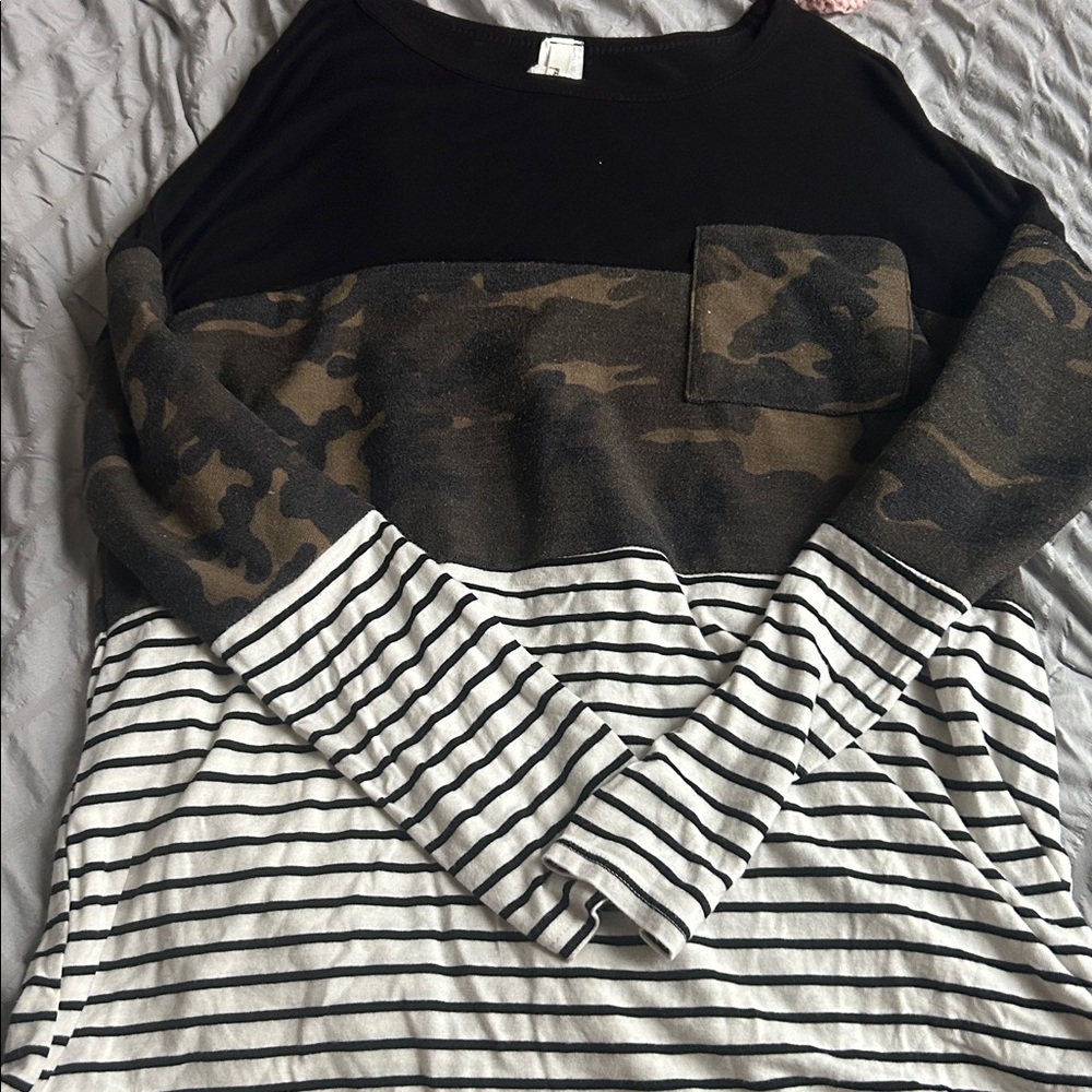 Striped and Camouflage Long Sleeve Top